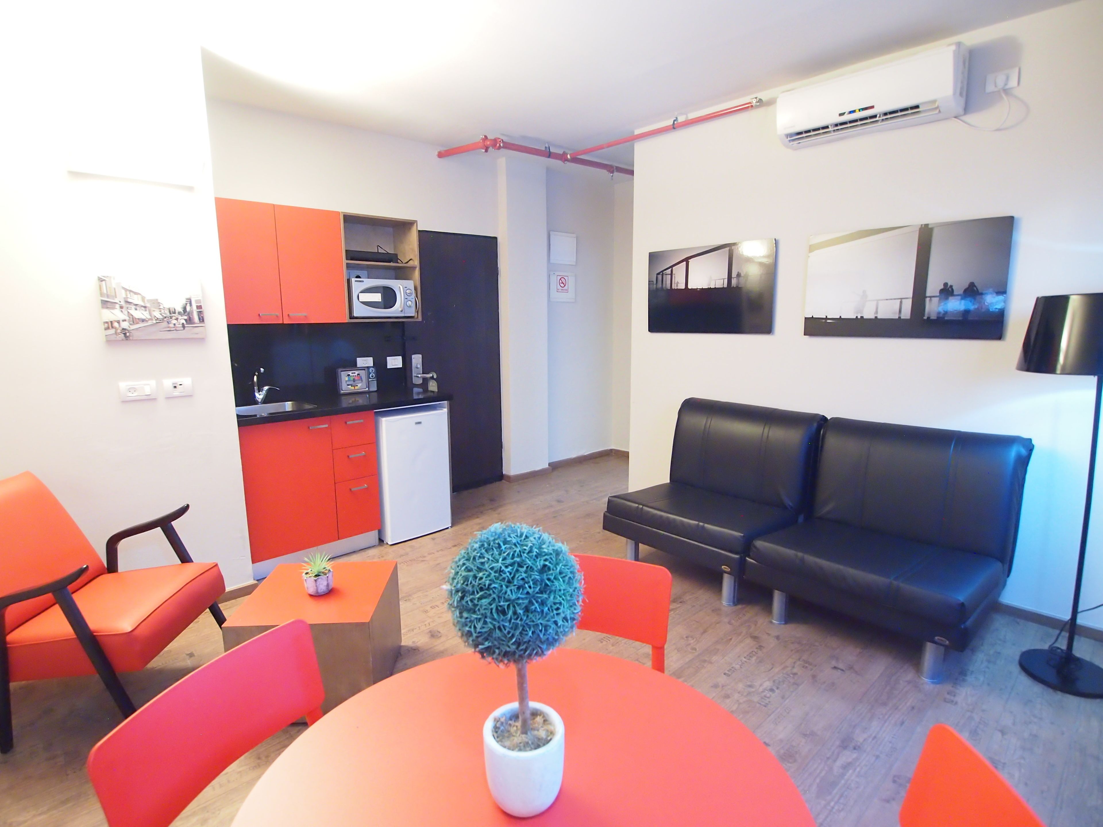 Un espacio habitable compacto con kitchenette, sofá, mesa de comedor y planta en maceta.
