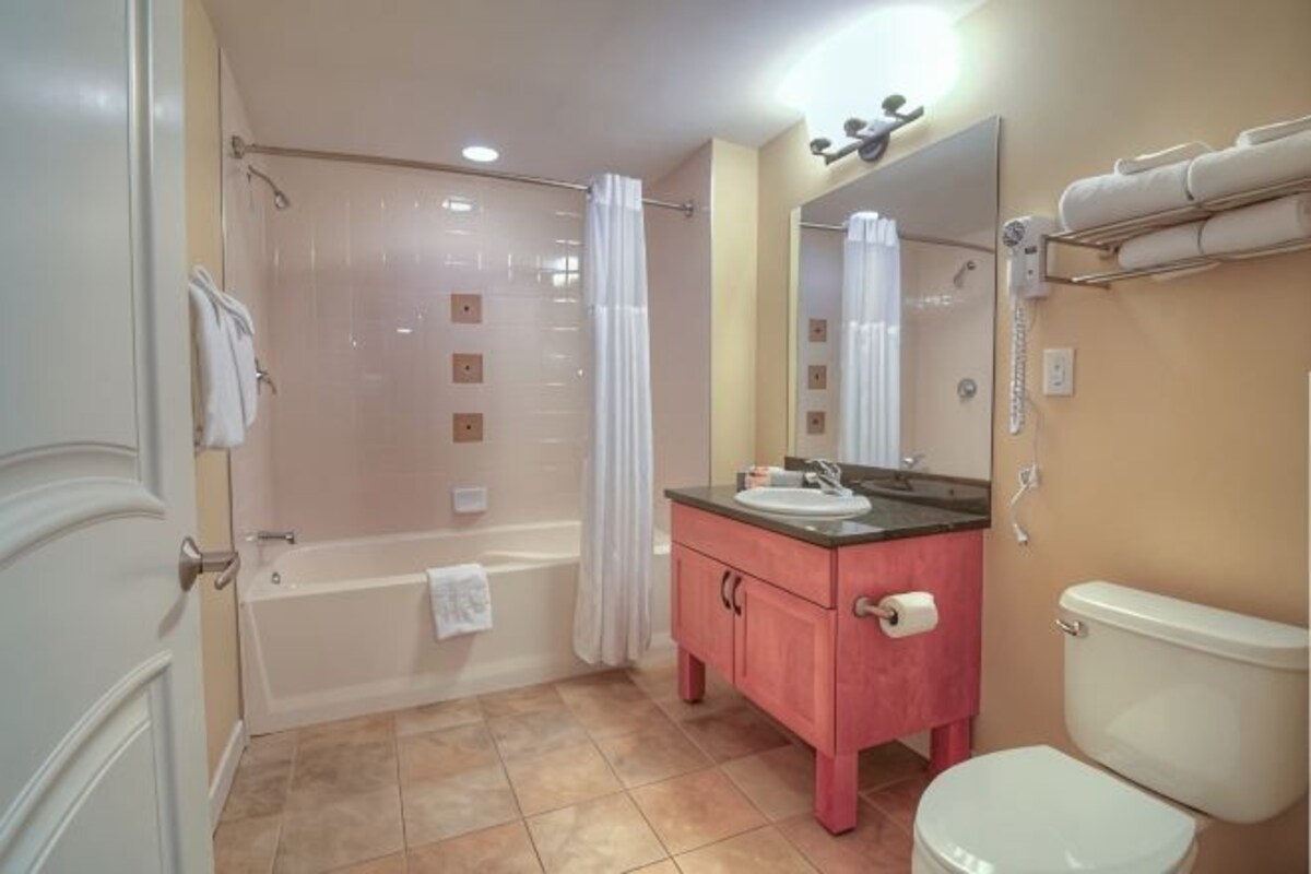 Un baño con bañera, inodoro, lavabo y espejo.