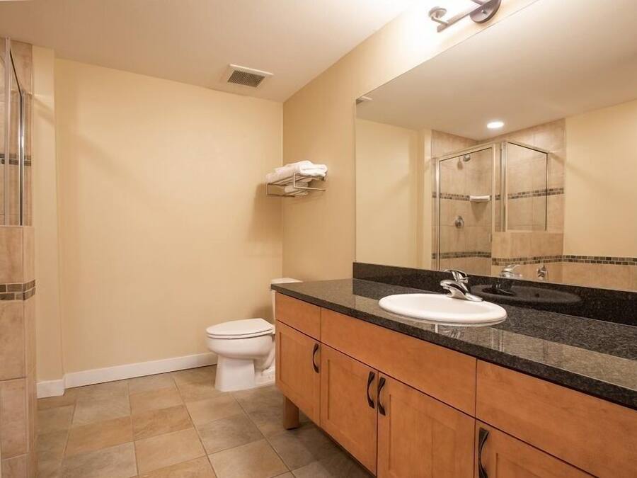 A bathroom with a sink, mirror, toilet, and shower.