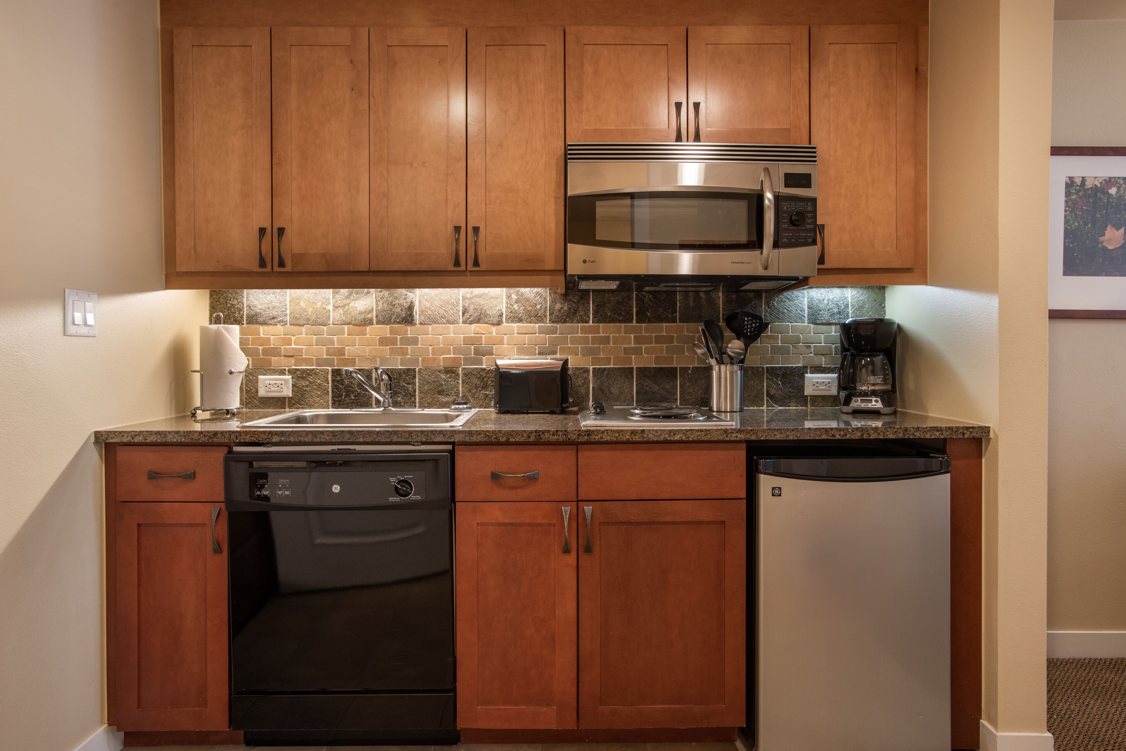 mini-fridge, microwave, stovetop, dishwasher