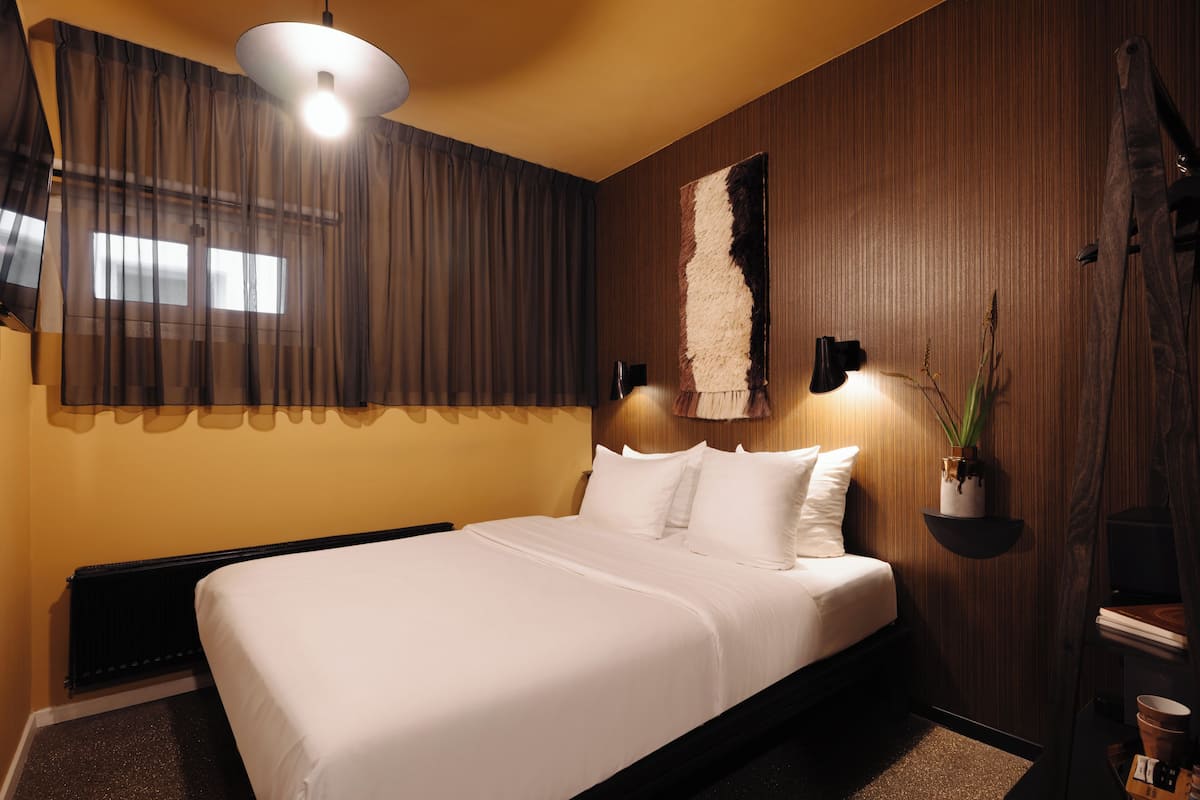 A hotel room with a large bed, a ceiling light, a wall-mounted TV, and a plant on a shelf.