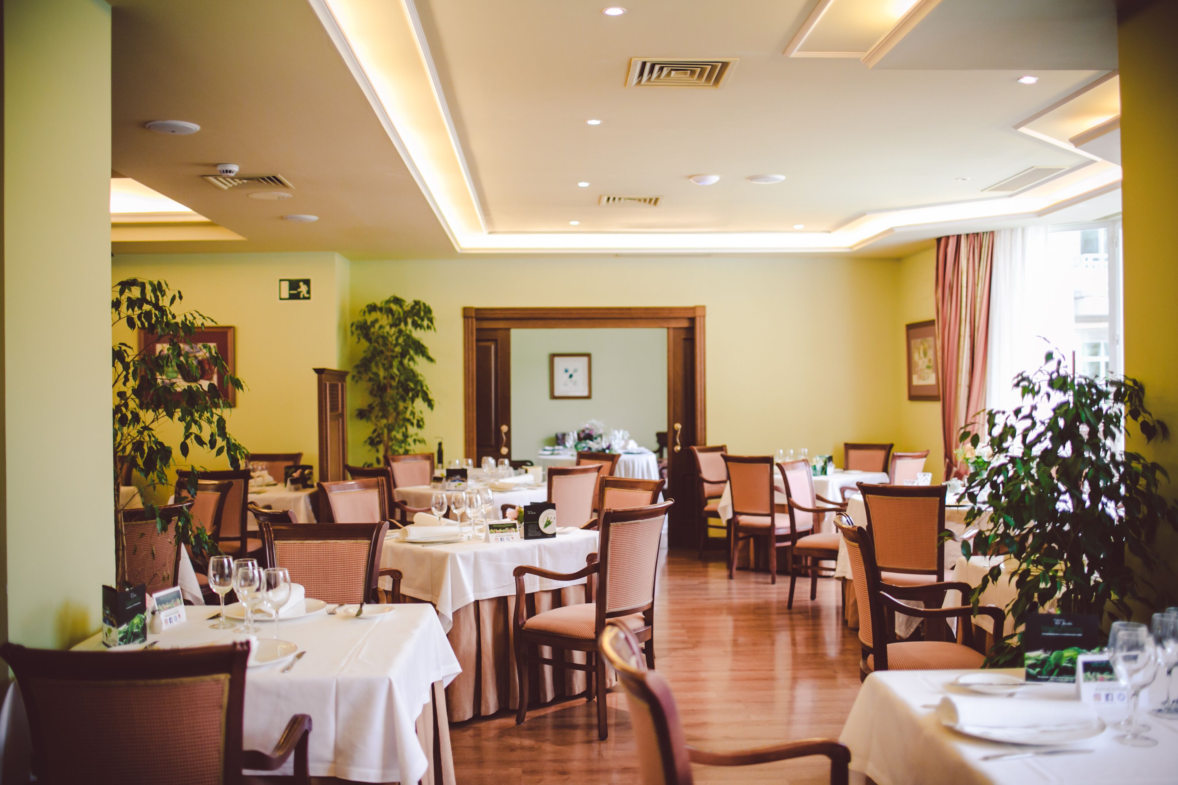 Un restaurante con varias mesas y sillas, suelo de madera y plantas en macetas.
