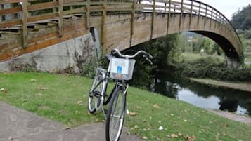 Una bicicleta estacionada debajo de un puente de madera con una cesta en el frente.