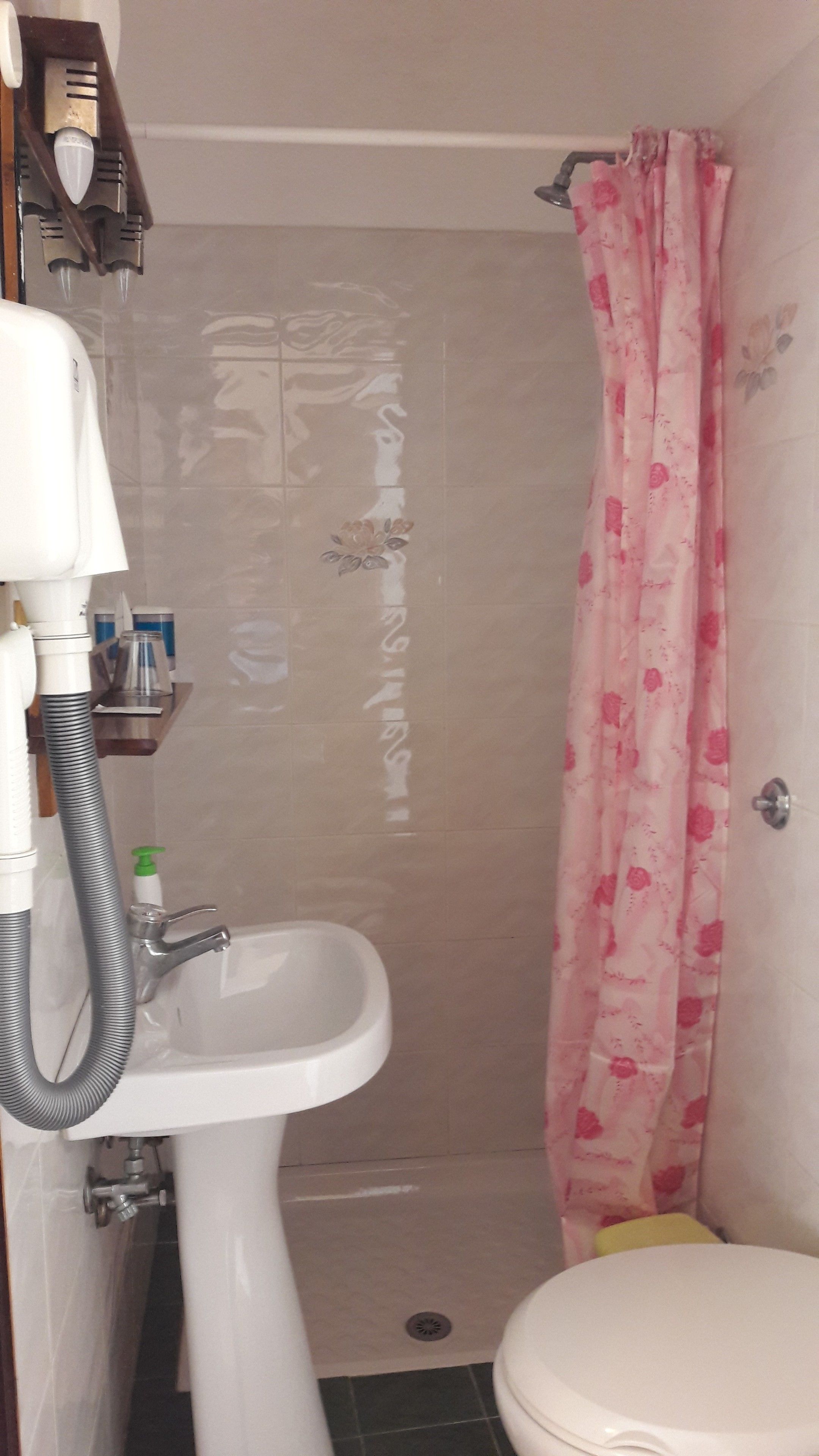 Un bagno con doccia, WC e lavandino.