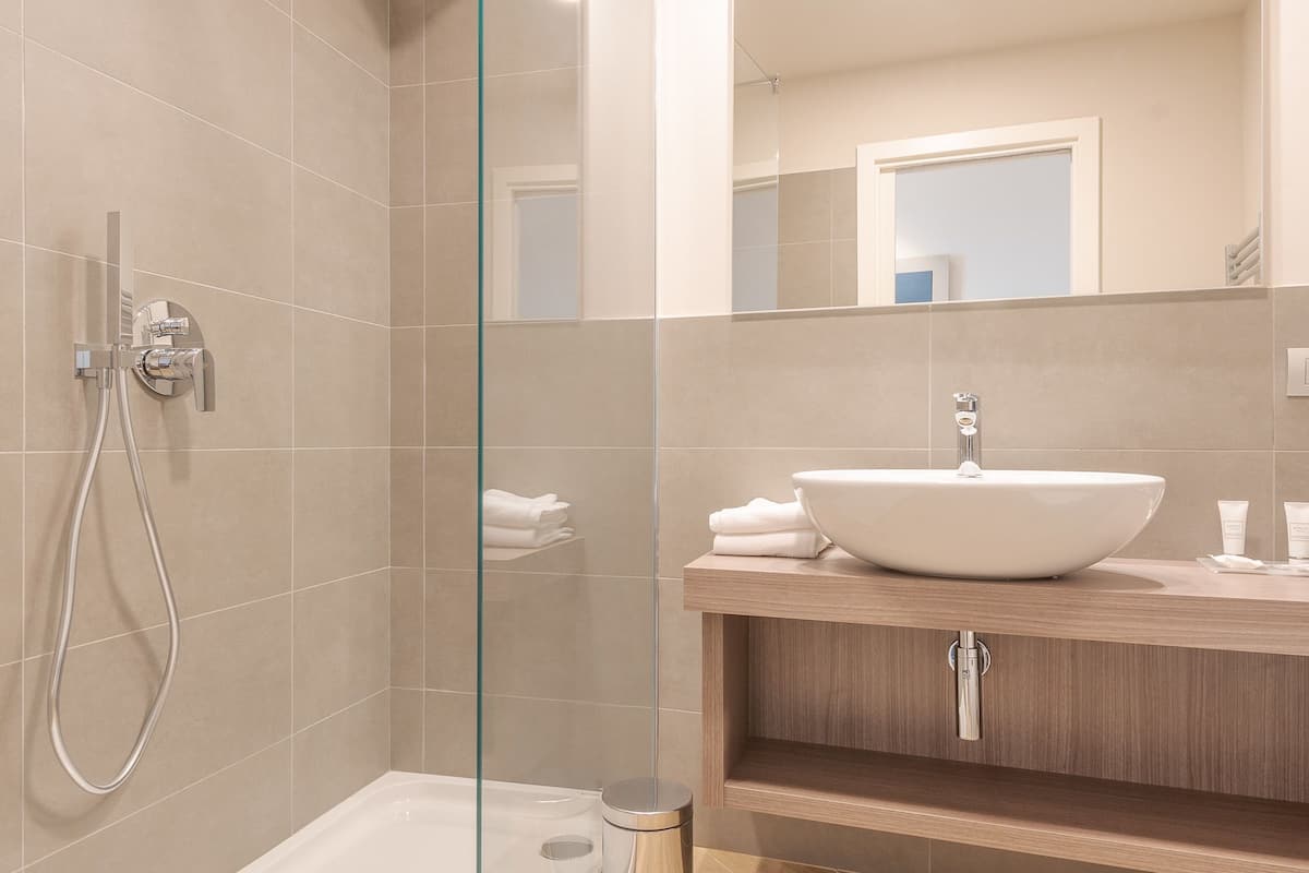 hair dryer, bidet, towels, soap