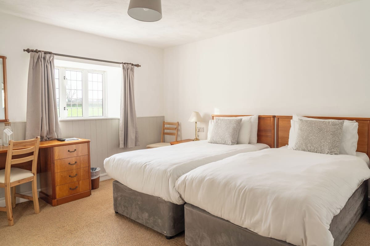 A bedroom with two beds, a desk, and a chair.