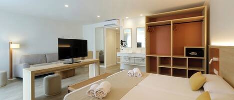 A hotel room with a bed, a TV, a sofa, a desk, and a walk-in closet.