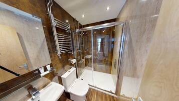 Een moderne badkamer met een douchecabine van glas, een toilet en een wastafel.