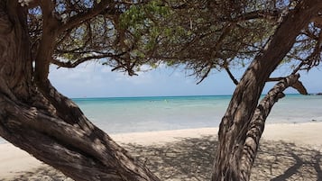 En la playa, playa de arena blanca, camastros y toallas de playa 