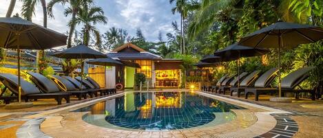 Outdoor pool, a waterfall pool