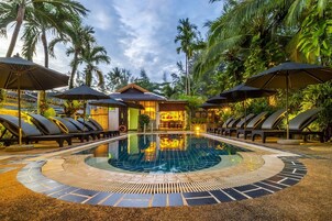 Outdoor pool, a waterfall pool