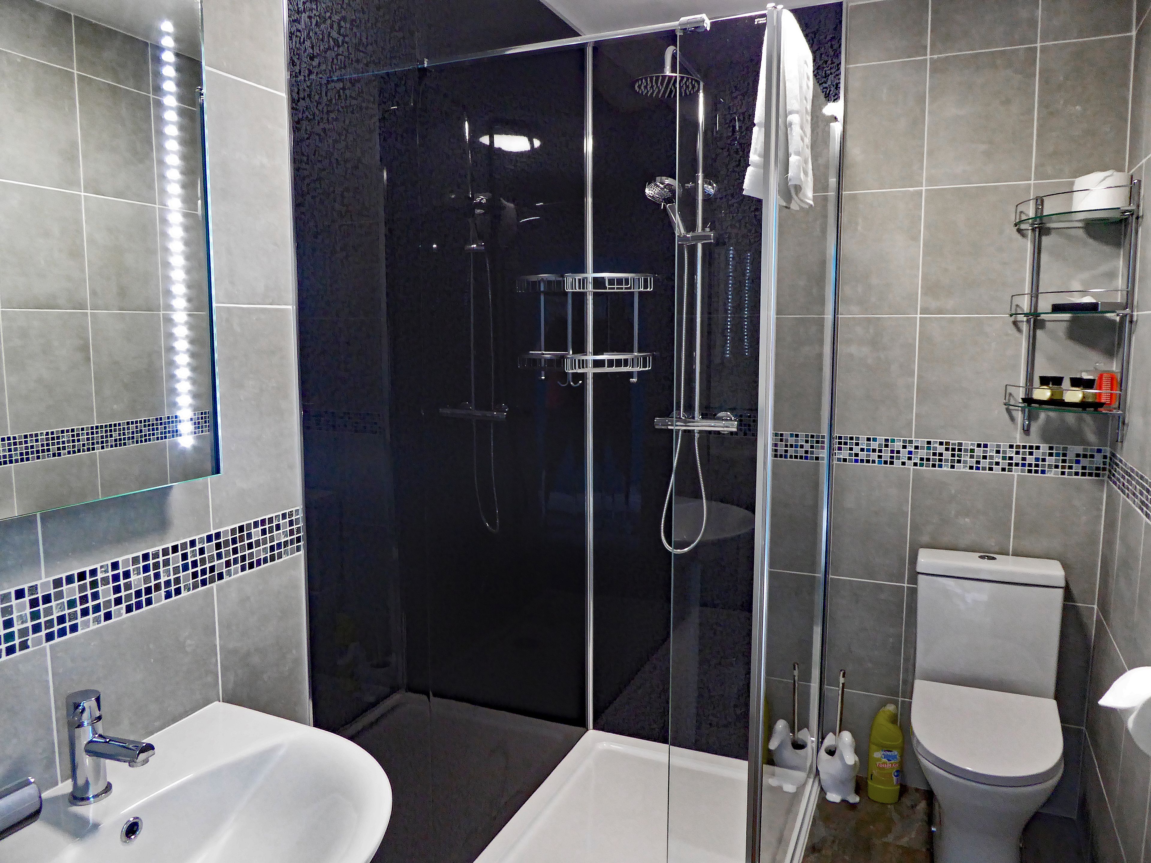 A modern bathroom with a glass-enclosed shower, a white sink, and a toilet.