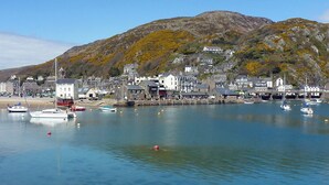 Un pueblo costero con un puerto, barcos y edificios en una colina.