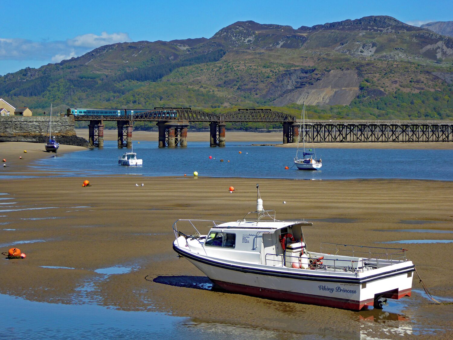 A boat named 'Viking Princess' docked at a beach with a bridge in the background.