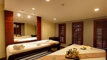 Behandlingsrum til par, sauna, boblebad, kropsbehandlinger, aromaterapi