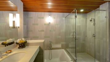 A modern bathroom with a glass-enclosed shower, a bathtub, and a vanity with a mirror and towel racks.