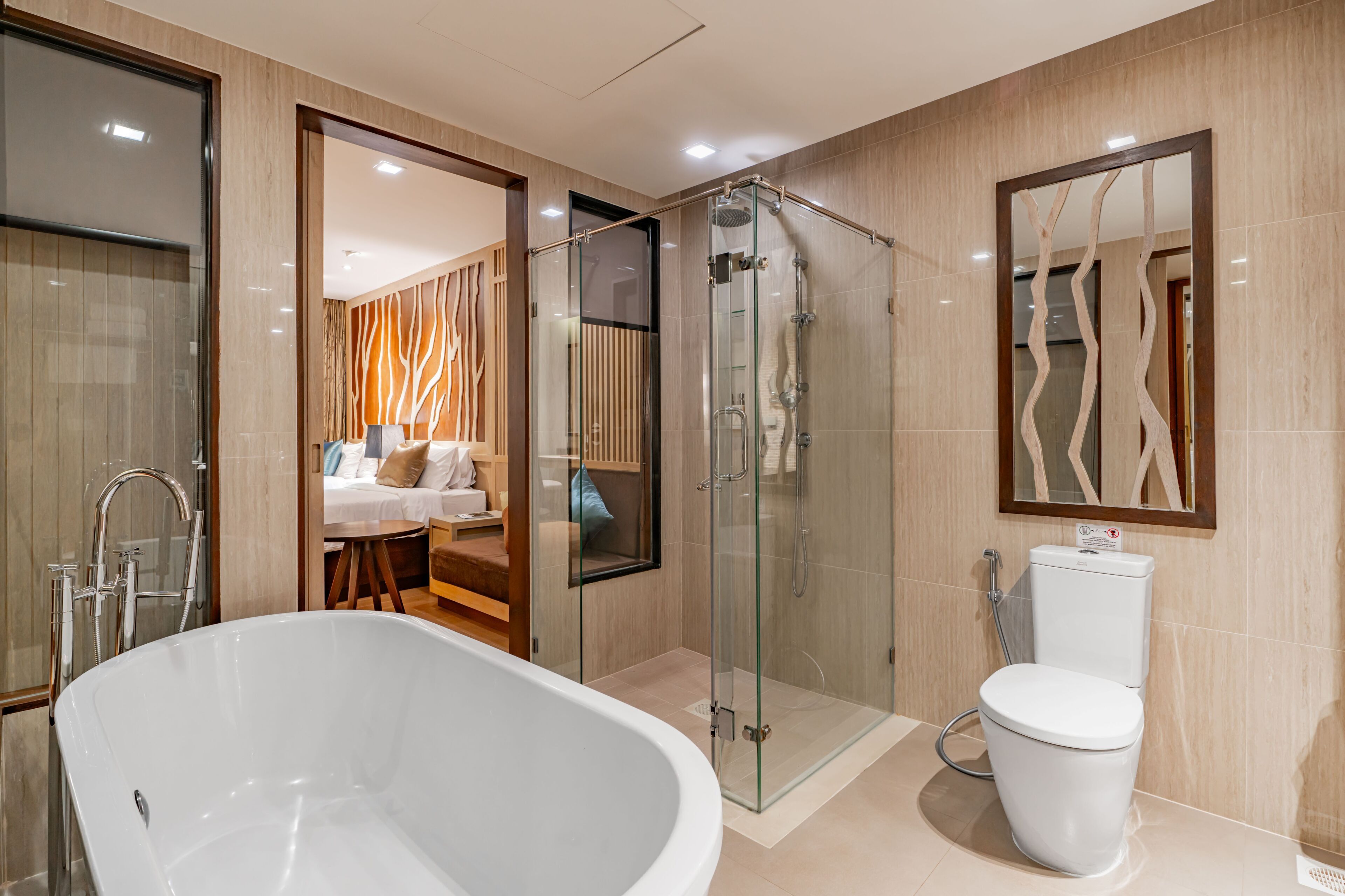 deluxe twin room | bathroom | eco-friendly toiletries, hair dryer, slippers, towels