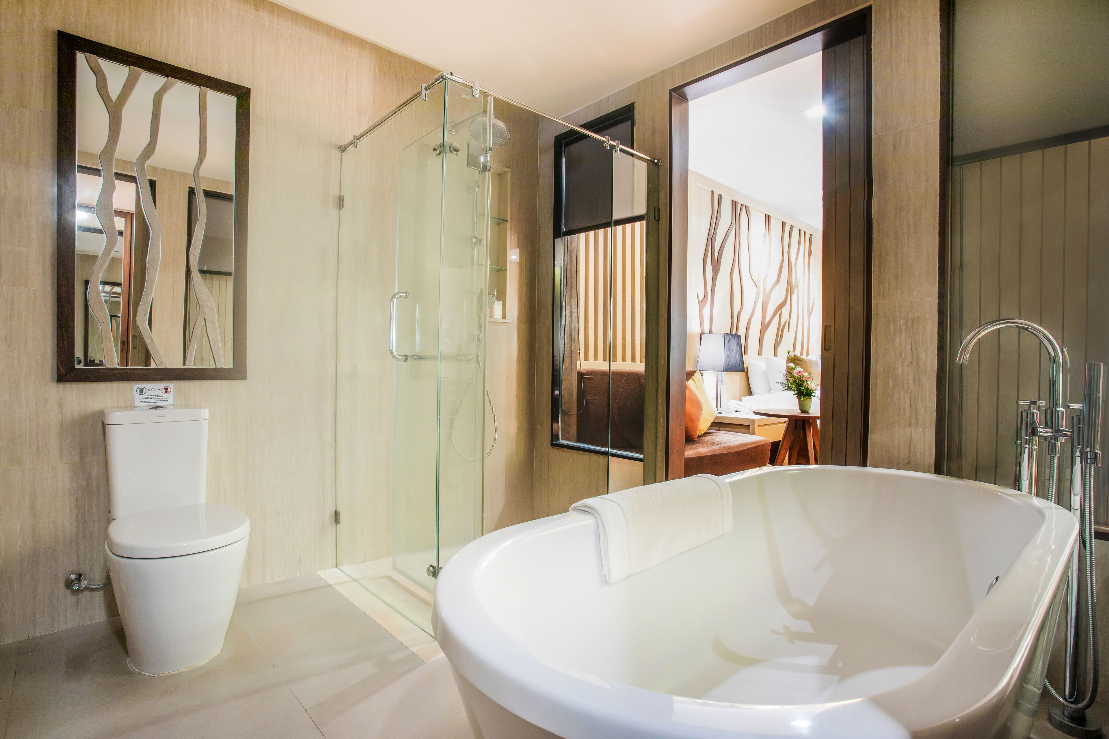 eco-friendly toiletries, hair dryer, slippers, towels