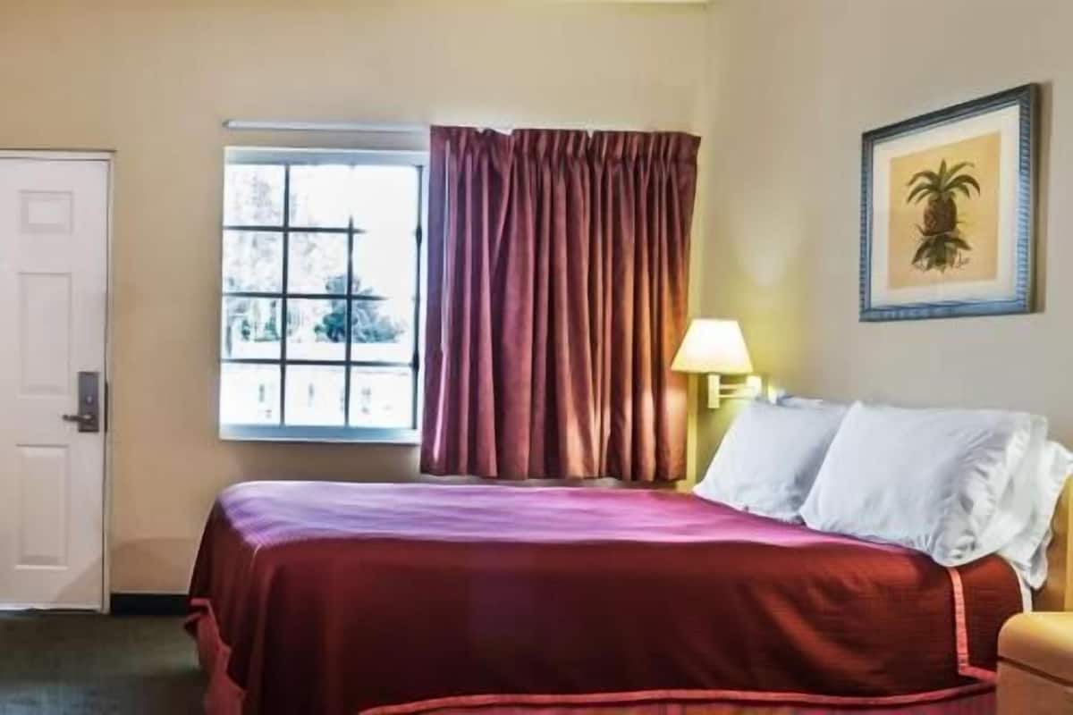A hotel room with a bed, a window with curtains, a lamp, and a framed picture on the wall.