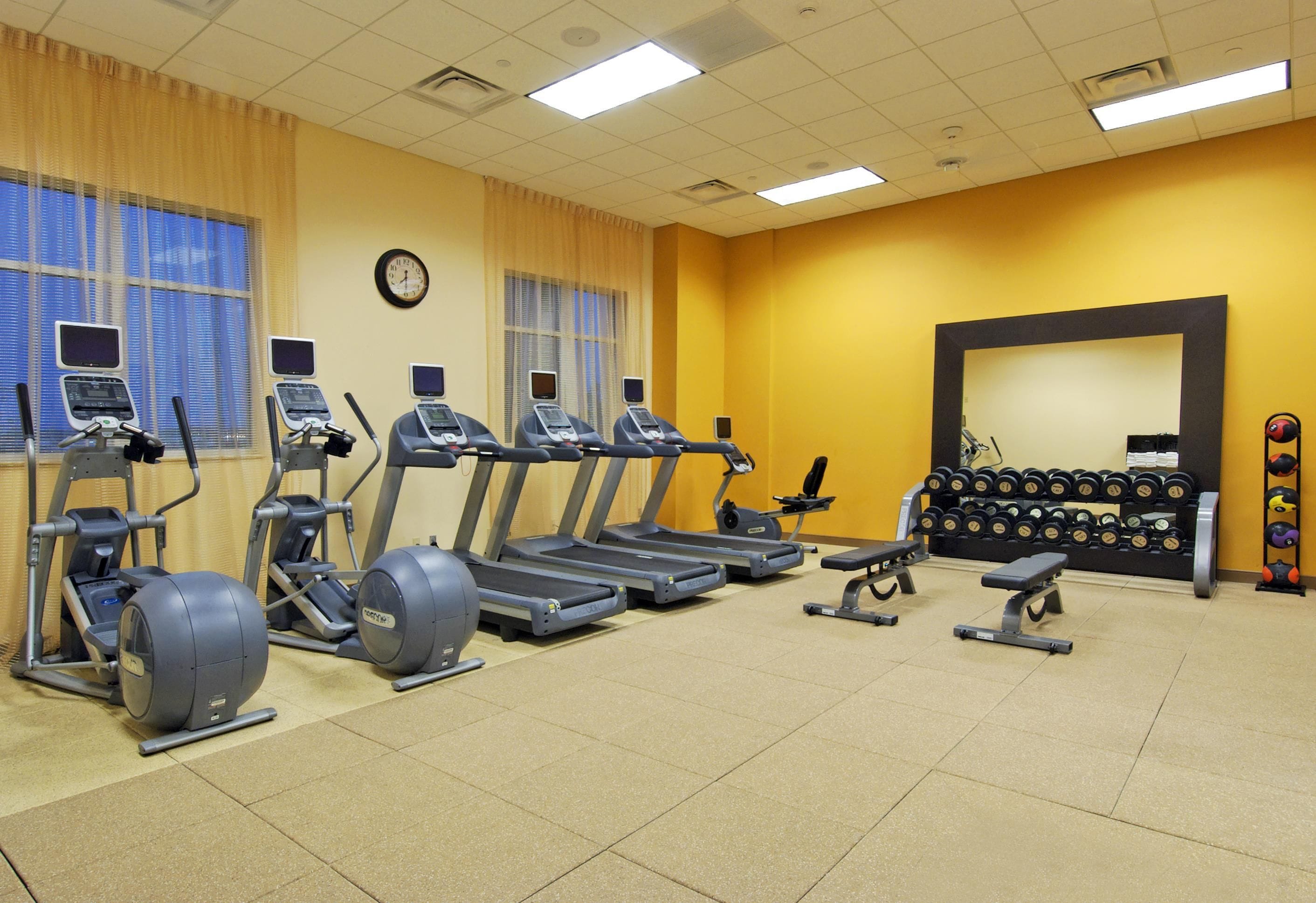 A gym with treadmills, elliptical machines, and weightlifting equipment.