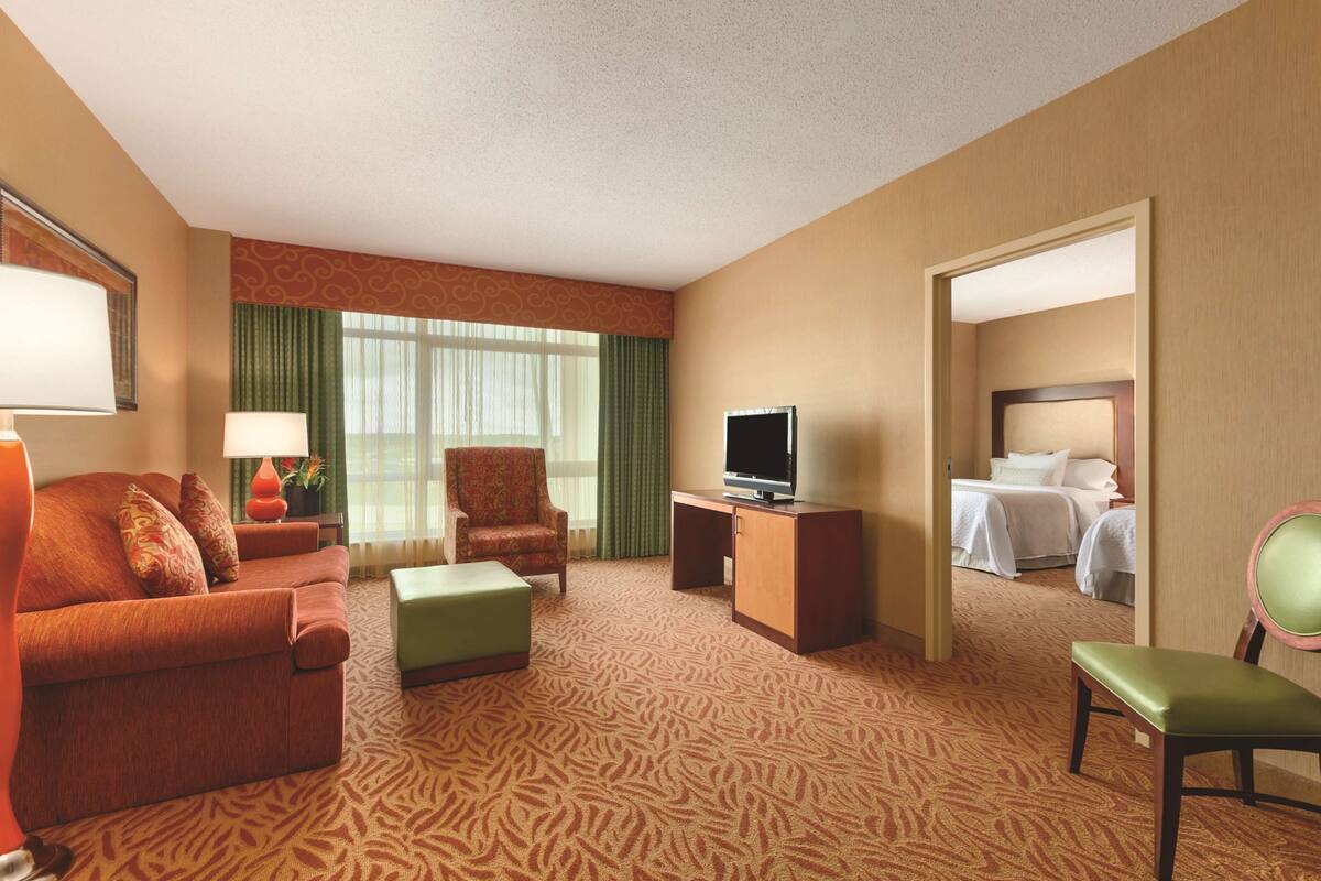 A hotel room with a sofa, a chair, a television, a desk, and a bed.