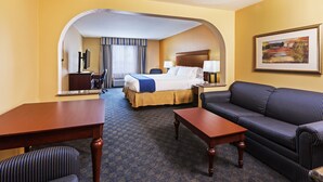 A hotel room with a bed, a sofa, a desk, and a chair.