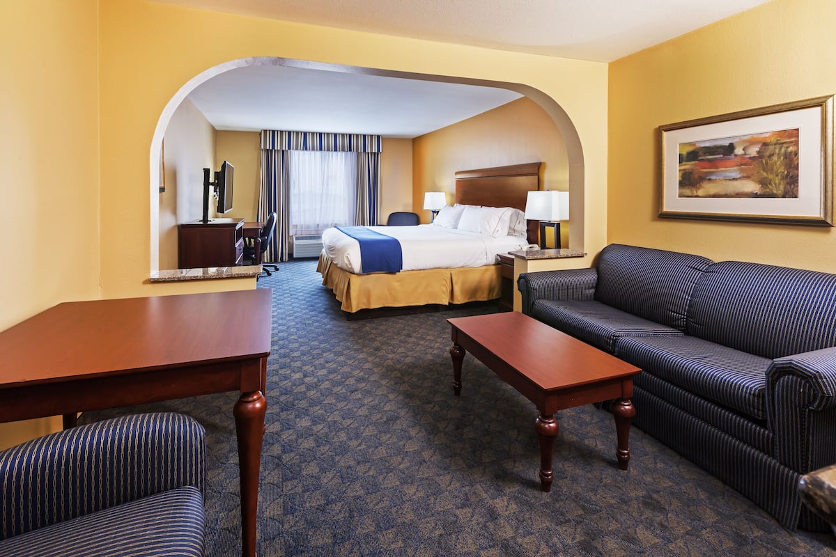A hotel room with a bed, a sofa, a desk, and a chair.