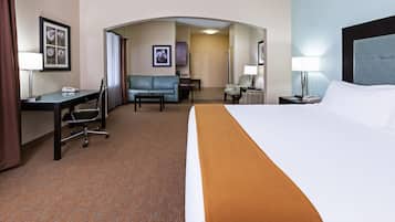 Premium bedding, desk, laptop workspace, iron/ironing board