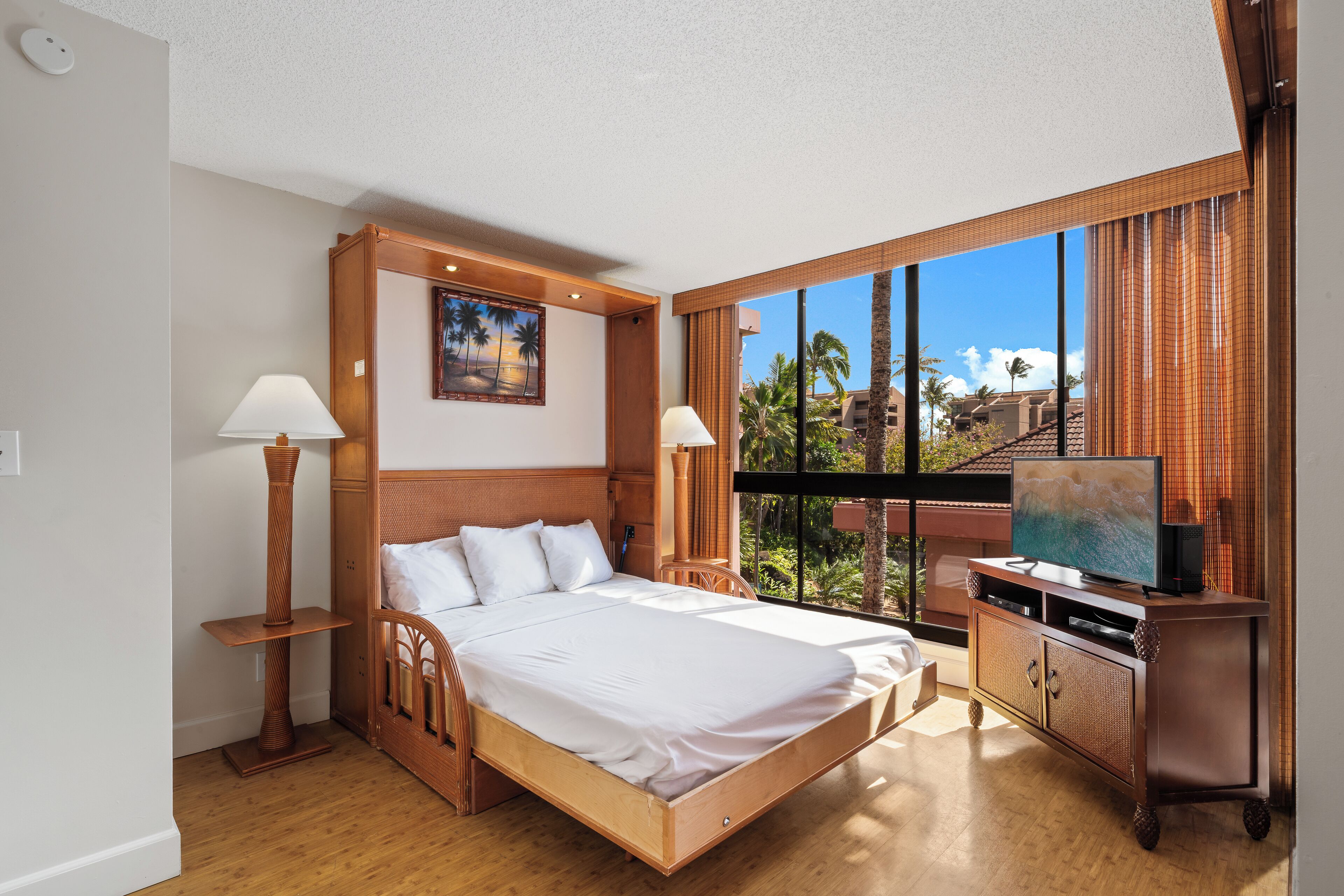 Habitación de hotel con una cama grande, un televisor sobre un mueble de madera y vistas a palmeras y edificios.