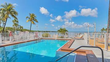 Outdoor pool, pool umbrellas, pool loungers