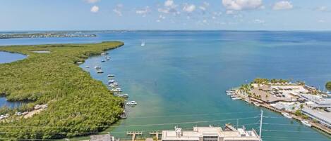 Un hôtel situé sur la côte, doté d’un port de plaisance, d’un parking et offrant une vue sur la mer.