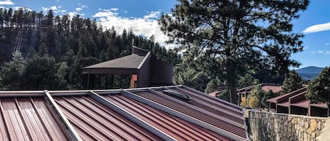A red metal roof with a stone wall and a pathway leading to a building.