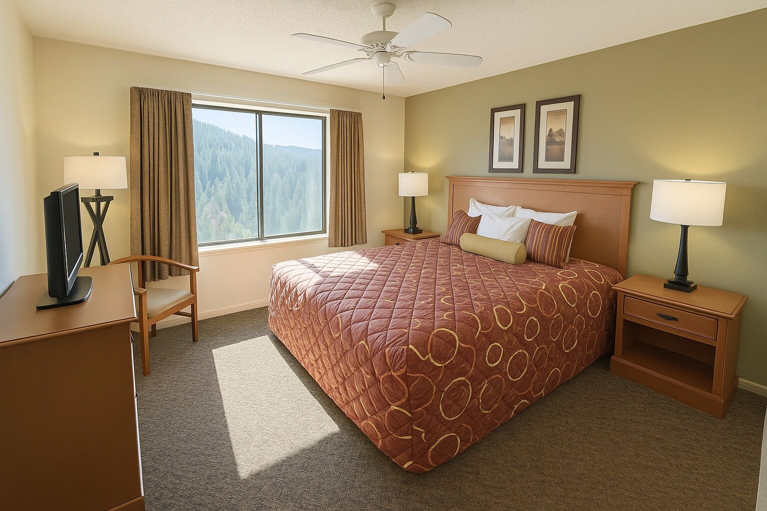 A hotel room with a large bed, two bedside tables with lamps, a desk with a TV, a chair, and a window with curtains.