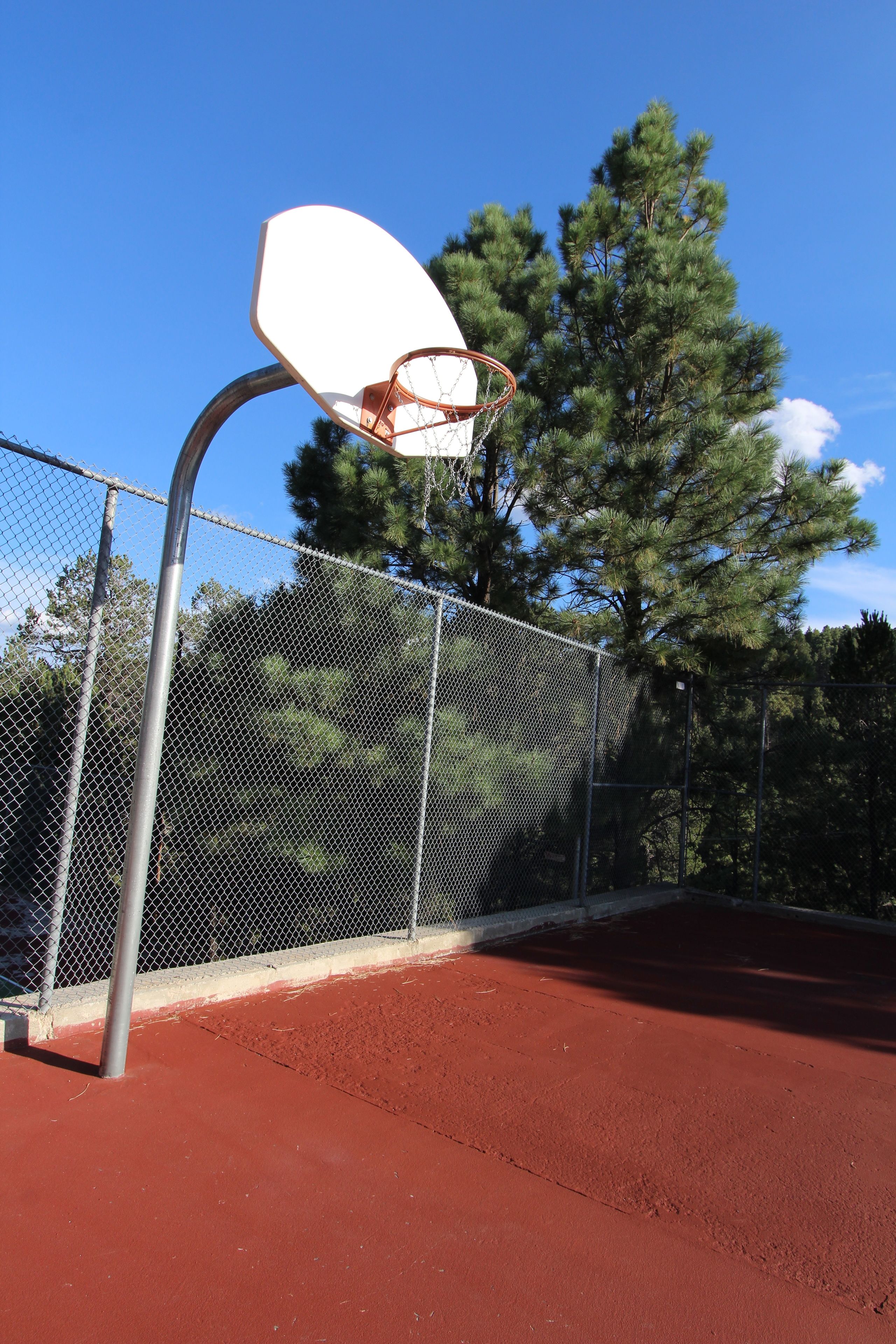 A basketball court with a net, surrounded by a chain-link fence and trees in the background.