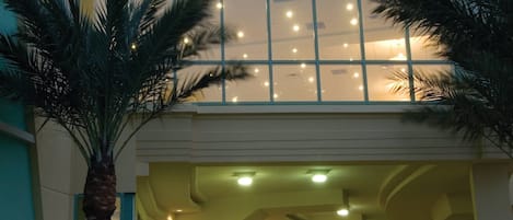En hotellentrén med ett glastak, palmer och en modern byggnadsfasad.