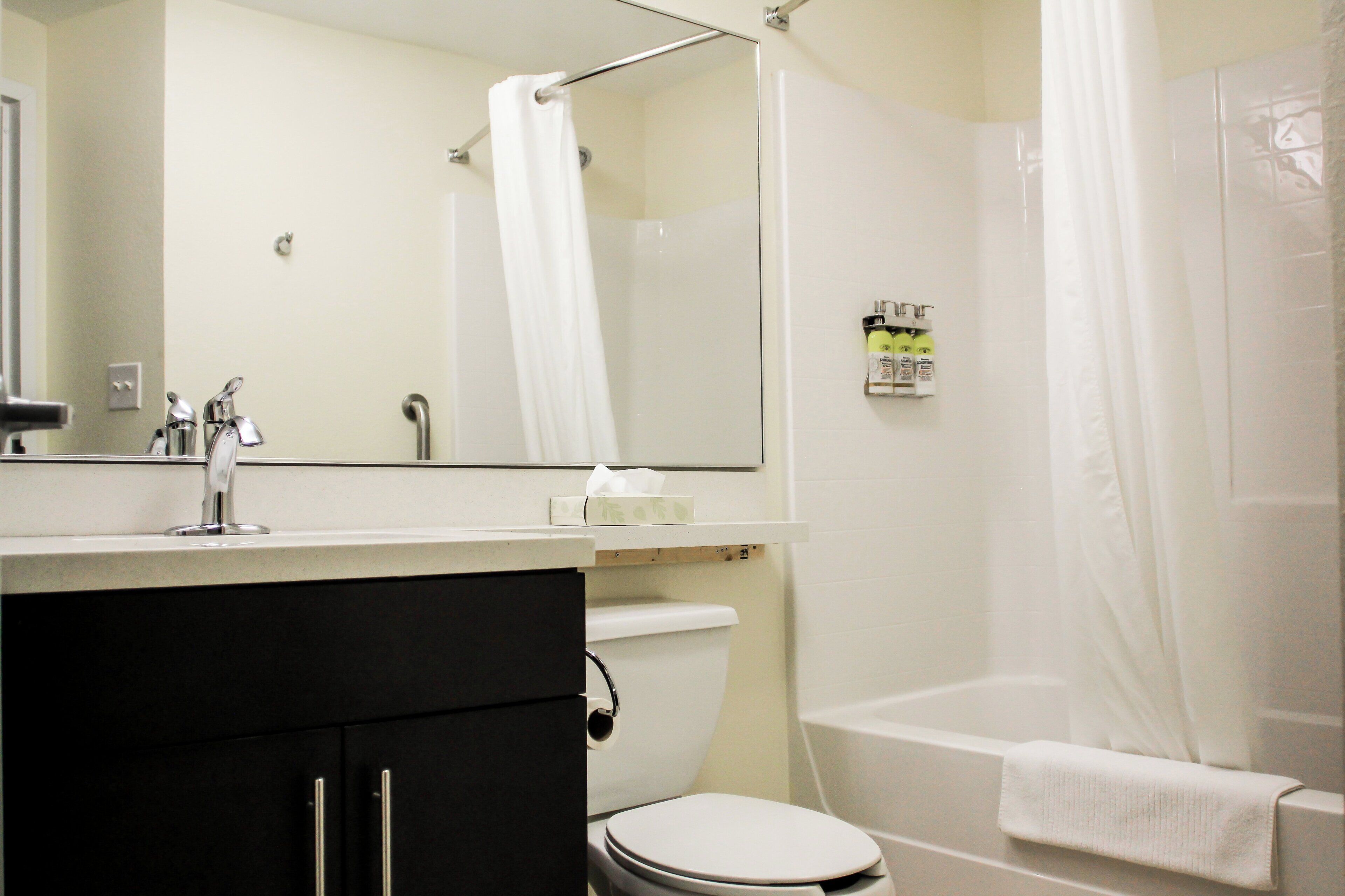 Un bagno con WC, lavandino, specchio e zona doccia.