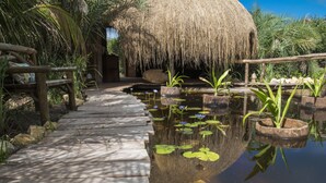 A wooden pathway leading to a thatched-roof structure surrounded by water lilies and tropical plants. - Azura Benguerra Island (Benguerra Island)