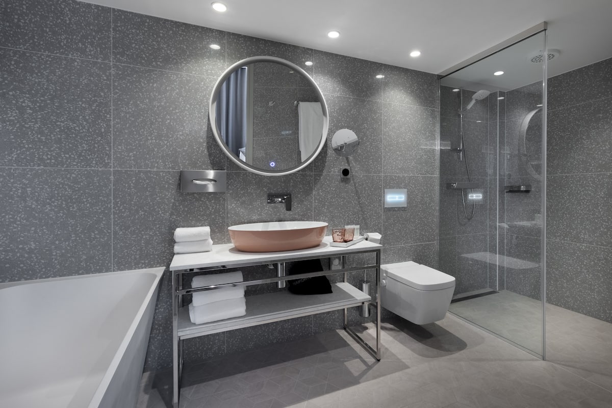 deluxe double room, 1 king bed with sofa bed, kitchenette | bathroom | free toiletries, hair dryer, towels, soap