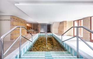 A pool area with tiled walls and a clear water feature.