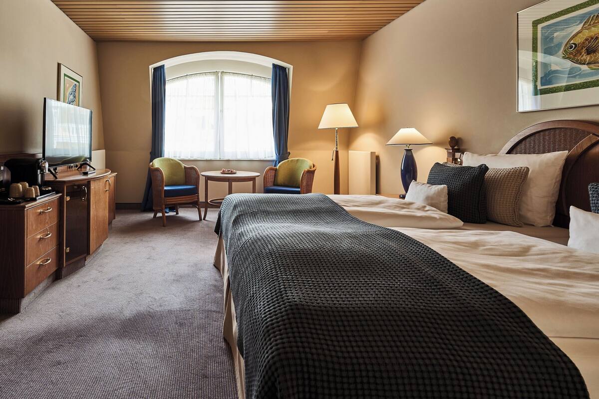 Una habitación de hotel con una cama, dos sillas, un escritorio con televisor y una ventana con cortinas.
