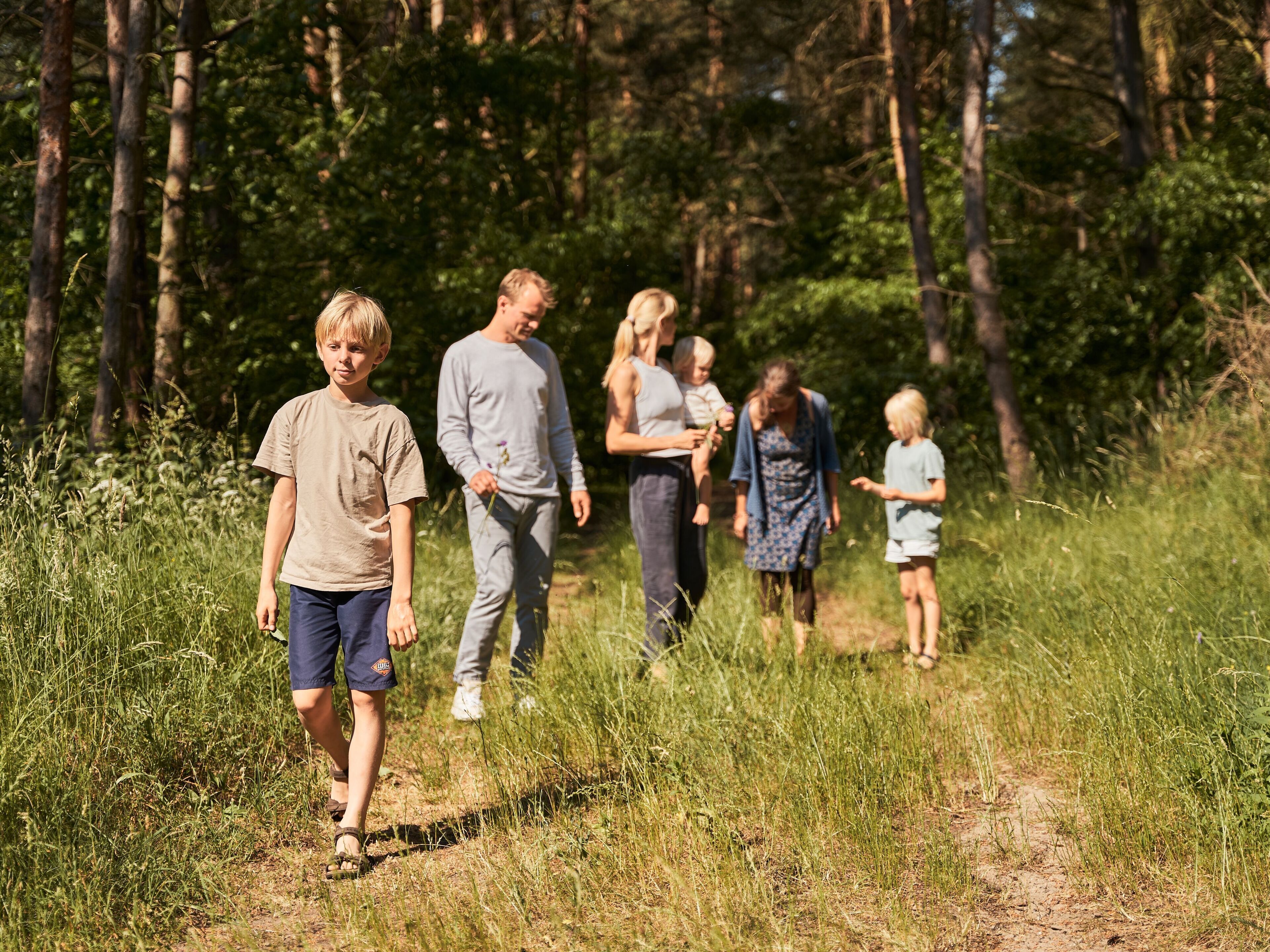 Un grupo de personas caminando por un sendero en un bosque.