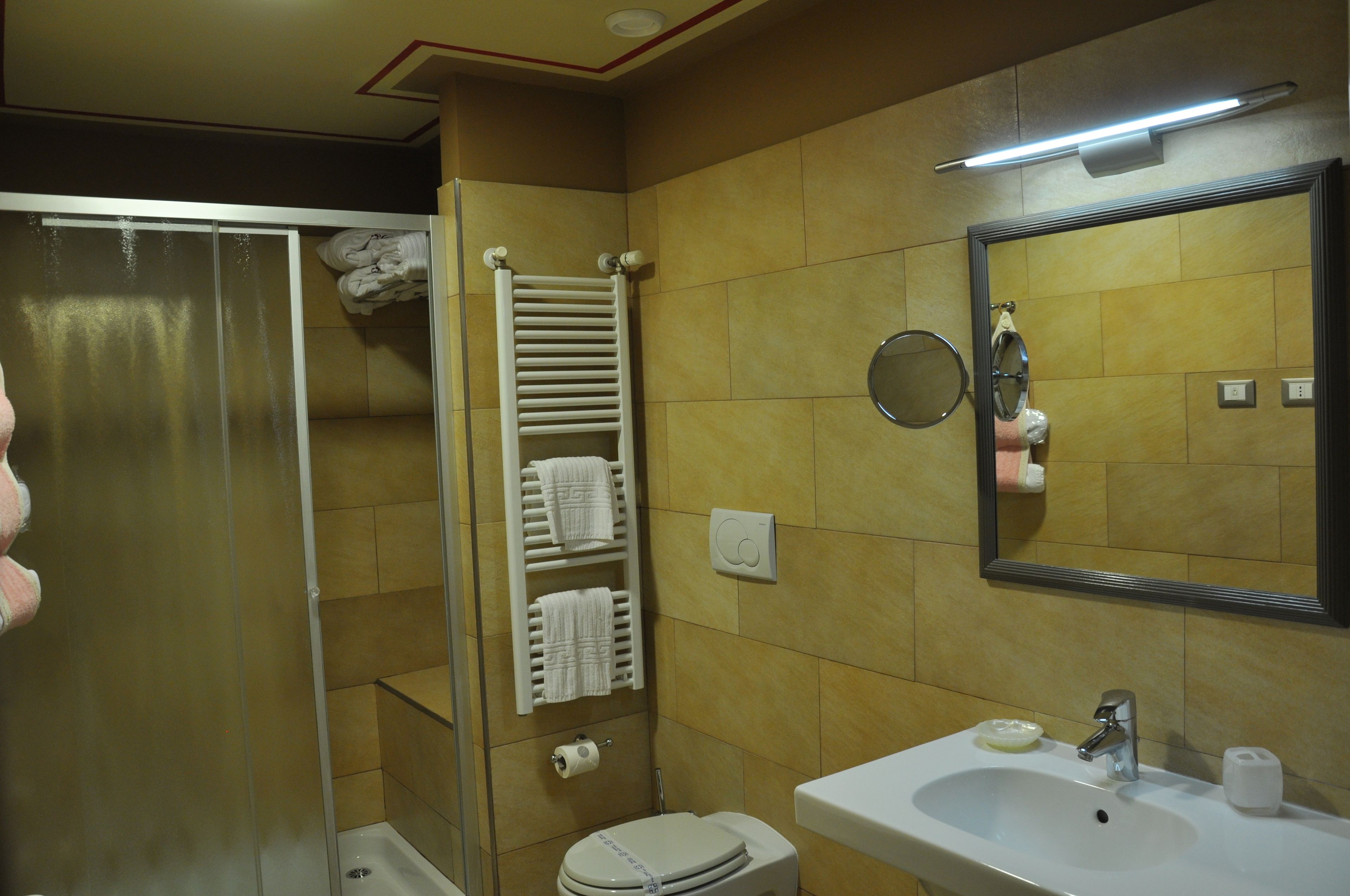 Une salle de bain équipée d’une douche, de toilettes, d’un lavabo, d’un porte-serviettes et d’un miroir.