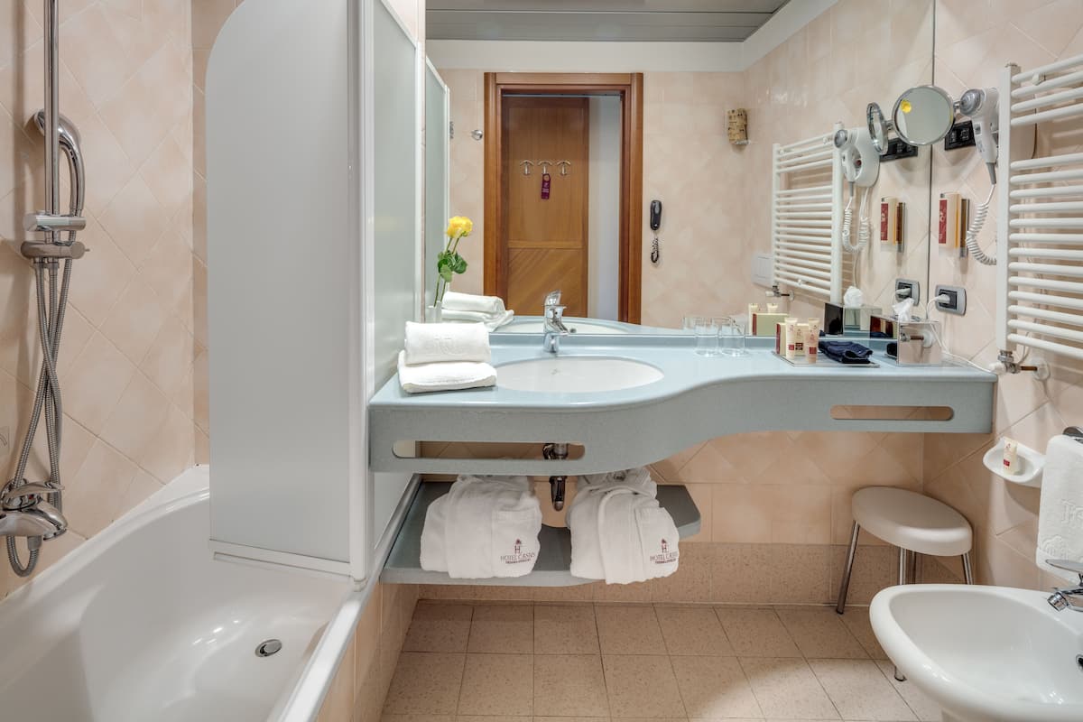 combined shower/bathtub, free toiletries, hair dryer, bathrobes