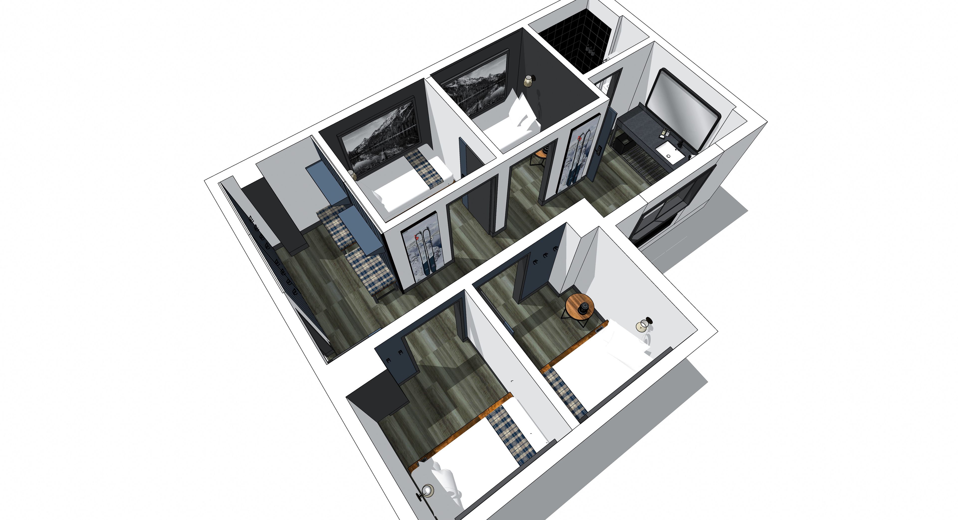 A 3D architectural rendering of a hotel room with a bed, a desk, a chair, a small table, and a window.