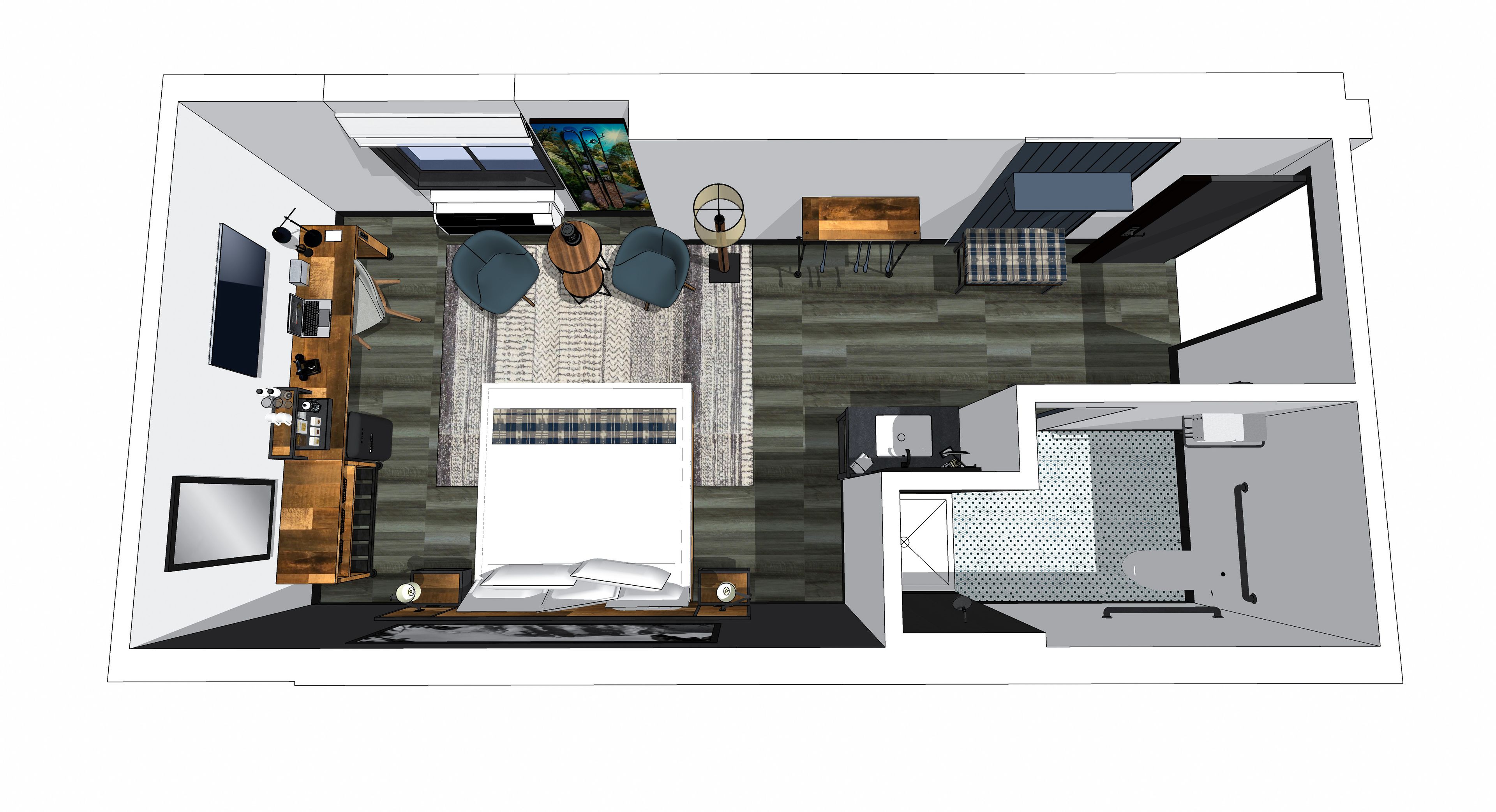 Una cocina moderna con una isla central, un comedor con mesa y sillas, y un área de baño separada.