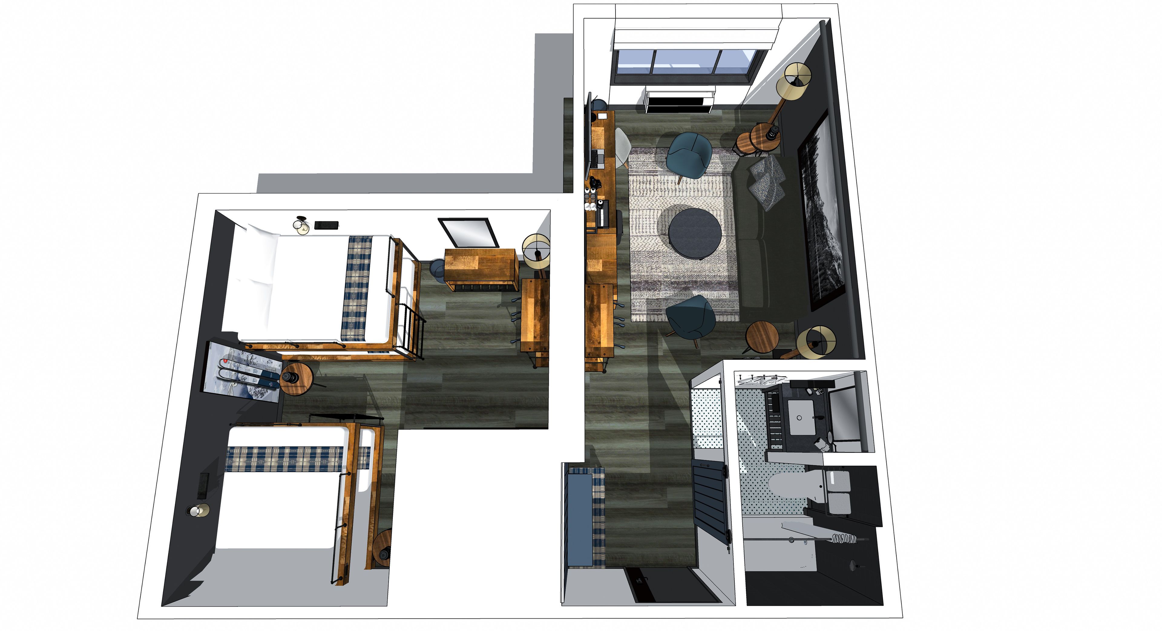 Grundriss einer 2-Zimmer-Wohnung mit Wohnzimmer, Essbereich, Küche und einem Balkon.