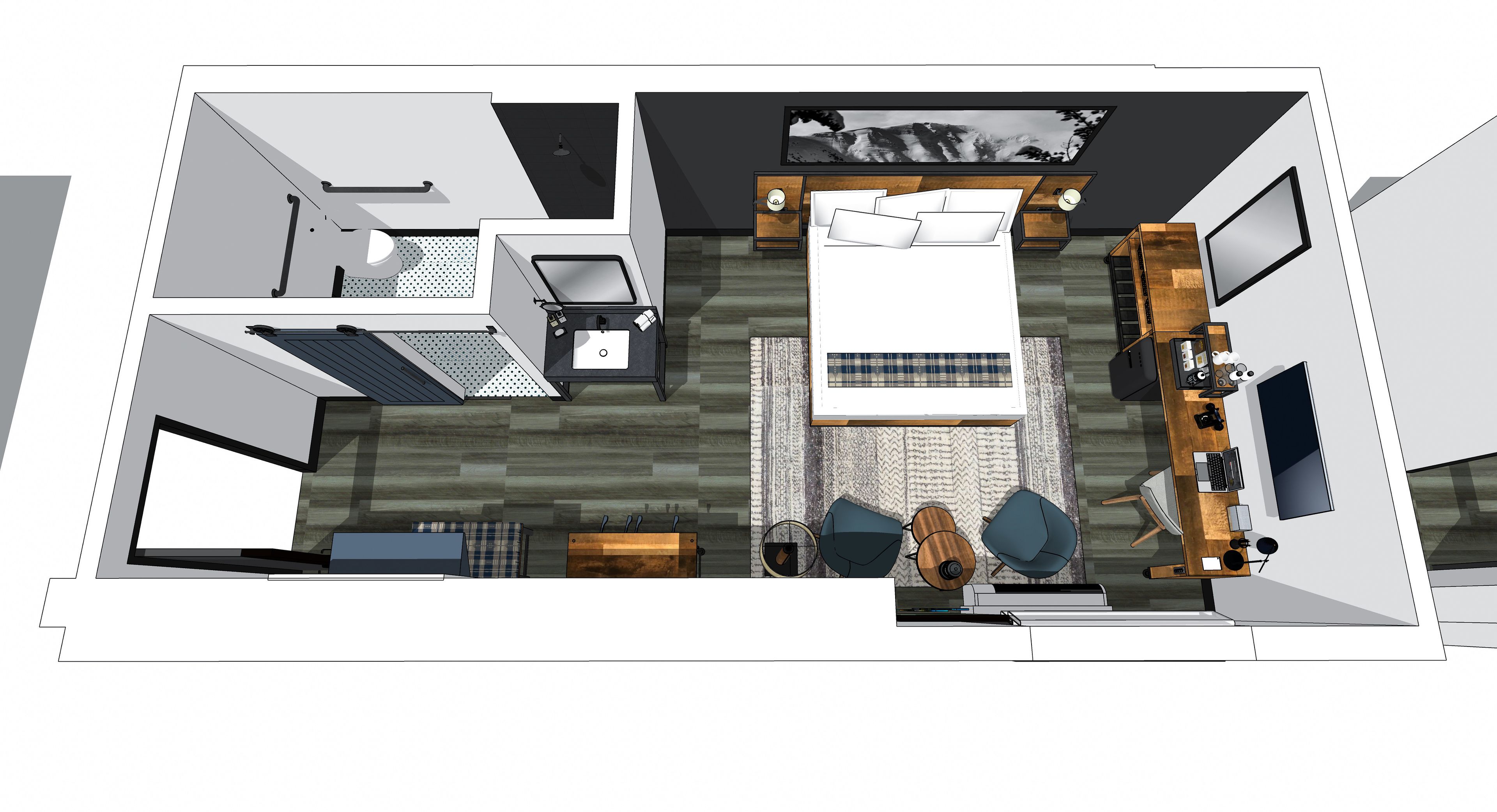 A hotel room layout with a bed, seating area, desk, and a small kitchenette.