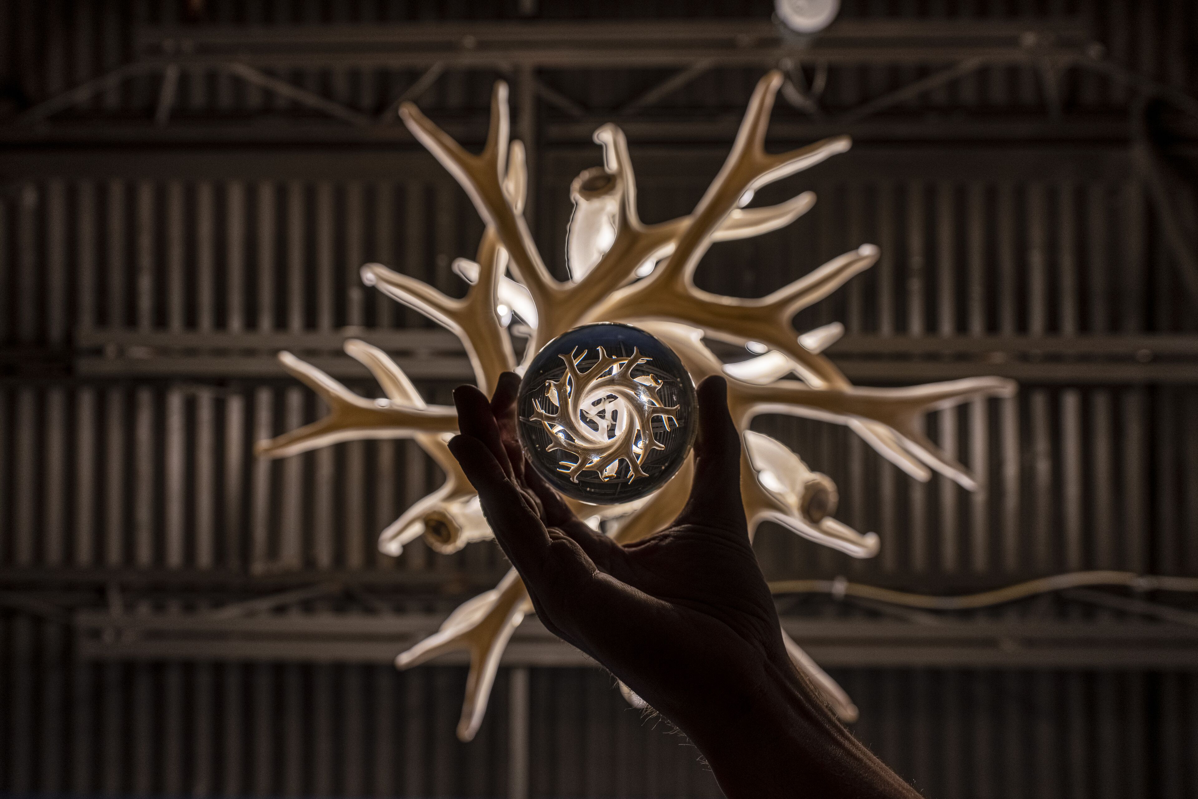 A hand holding a spherical object with a reflective surface, surrounded by a metallic structure with branching elements.