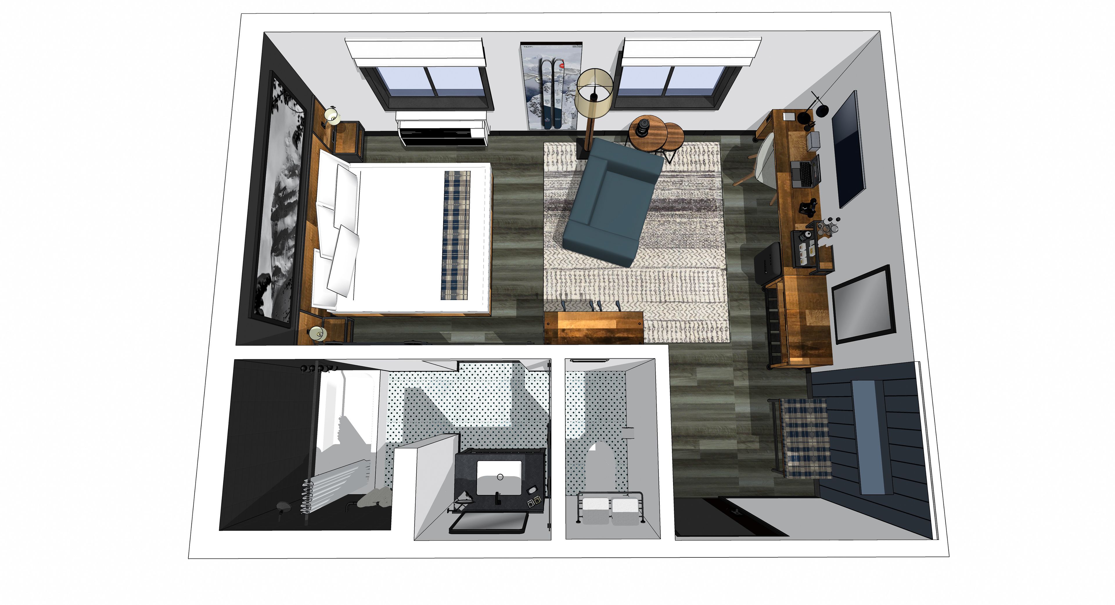 Un plan d’étage d’une chambre d’hôtel comprenant un lit, un bureau, une chaise, un téléviseur et une fenêtre.