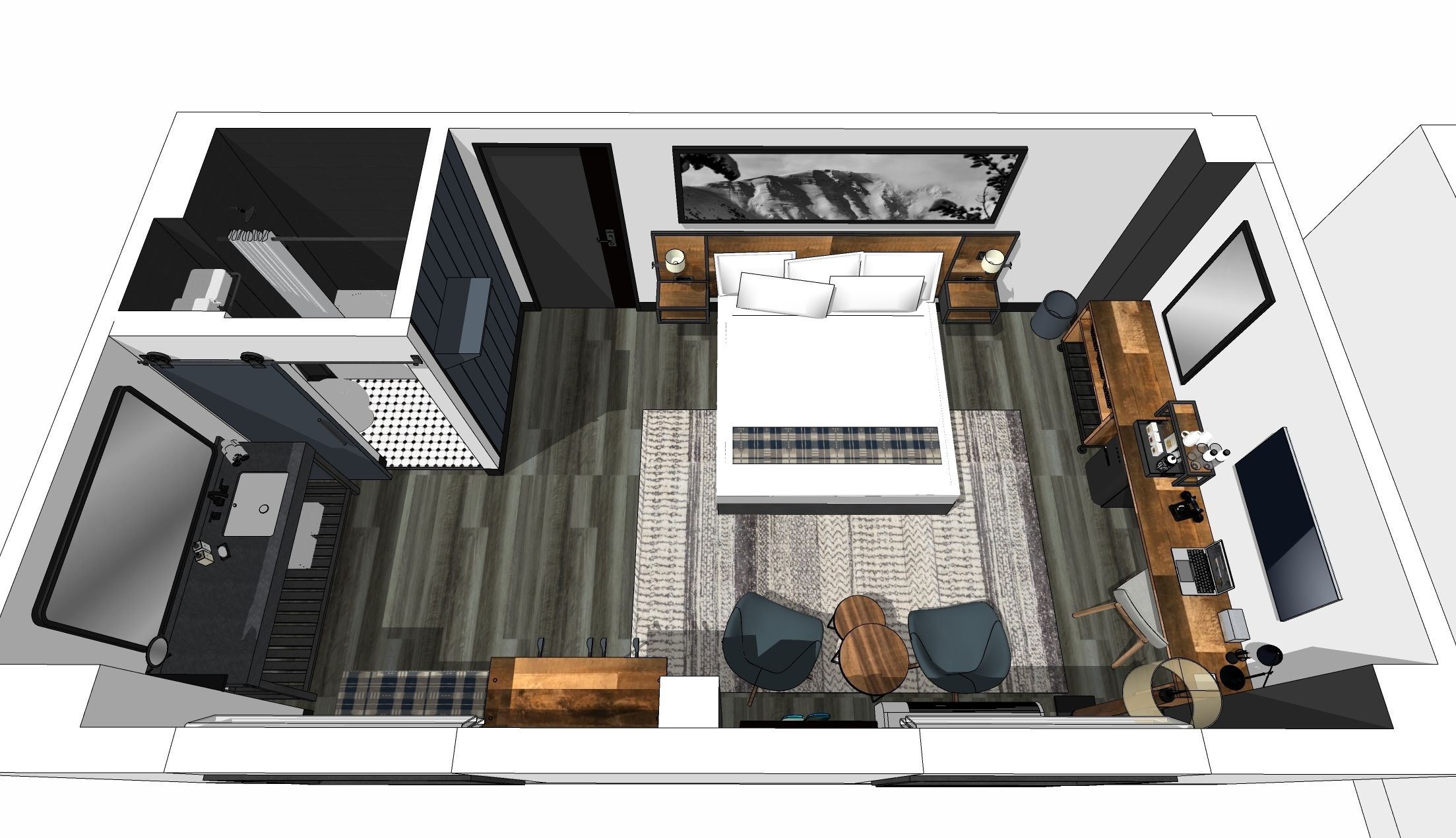 A room with a bed, a desk, a chair, a sofa, a TV, and a window.